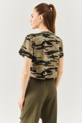 Kamuflaj Oversize Rahat %100 Pamuklu Penye Bisiklet Yaka Kısa Kol Basic Crop T-Shirt - 5