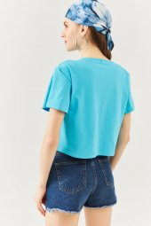 Aqua Oversize Rahat %100 Pamuklu Penye Bisiklet Yaka Kısa Kol Basic Crop T-Shirt - 5