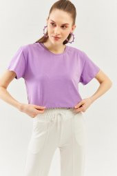 Lila Oversize Rahat %100 Pamuklu Penye Bisiklet Yaka Kısa Kol Basic Crop T-Shirt - 2