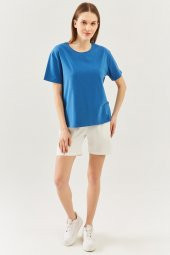Mavi  Oversize Rahat %100 Pamuklu Penye Bisiklet Yaka Kısa Kol Basic T-Shirt - 4