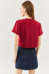 Bordo Oversize Rahat %100 Pamuklu Penye Bisiklet Yaka Kısa Kol Basic Crop T-Shirt - 5