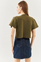 Haki Oversize Rahat %100 Pamuklu Penye Bisiklet Yaka Kısa Kol Basic Crop T-Shirt - 5