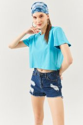 Aqua Oversize Rahat %100 Pamuklu Penye Bisiklet Yaka Kısa Kol Basic Crop T-Shirt - 6