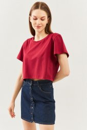 Bordo Oversize Rahat %100 Pamuklu Penye Bisiklet Yaka Kısa Kol Basic Crop T-Shirt - 6