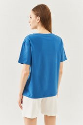 Mavi  Oversize Rahat %100 Pamuklu Penye Bisiklet Yaka Kısa Kol Basic T-Shirt - 5