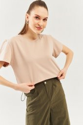 Açık Kahve Oversize Rahat %100 Pamuklu Penye Bisiklet Yaka Kısa Kol Basic Crop T-Shirt - 1