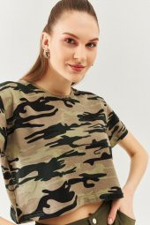 Kamuflaj Oversize Rahat %100 Pamuklu Penye Bisiklet Yaka Kısa Kol Basic Crop T-Shirt - 7