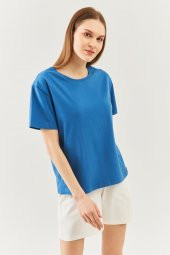 Mavi  Oversize Rahat %100 Pamuklu Penye Bisiklet Yaka Kısa Kol Basic T-Shirt - 6