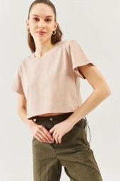 Açık Kahve Oversize Rahat %100 Pamuklu Penye Bisiklet Yaka Kısa Kol Basic Crop T-Shirt - 2