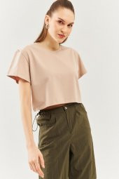 Açık Kahve Oversize Rahat %100 Pamuklu Penye Bisiklet Yaka Kısa Kol Basic Crop T-Shirt - 3