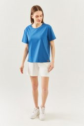 Mavi  Oversize Rahat %100 Pamuklu Penye Bisiklet Yaka Kısa Kol Basic T-Shirt - 7