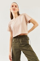 Açık Kahve Oversize Rahat %100 Pamuklu Penye Bisiklet Yaka Kısa Kol Basic Crop T-Shirt - 4