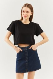 Siyah Oversize Rahat %100 Pamuklu Penye Bisiklet Yaka Kısa Kol Basic Crop T-Shirt - 1