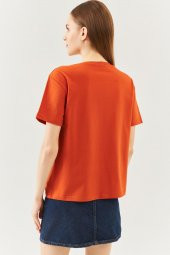 Kiremit Oversize Rahat %100 Pamuklu Penye Bisiklet Yaka Kısa Kol Basic T-Shirt - 5