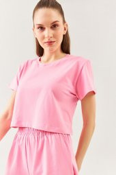 Pembe Oversize Rahat %100 Pamuklu Penye Bisiklet Yaka Kısa Kol Basic Crop T-Shirt - 2