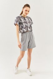Batik Gri Oversize Rahat %100 Pamuklu Penye Bisiklet Yaka Kısa Kol Basic Crop T-shirt - 6