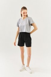 Gri Oversize Rahat %100 Pamuklu Penye Bisiklet Yaka Kısa Kol Basic Crop T-Shirt - 6