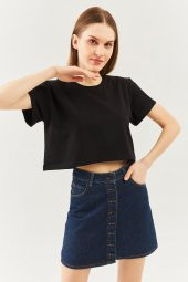 Siyah Oversize Rahat %100 Pamuklu Penye Bisiklet Yaka Kısa Kol Basic Crop T-Shirt - 2