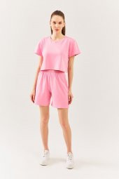 Pembe Oversize Rahat %100 Pamuklu Penye Bisiklet Yaka Kısa Kol Basic Crop T-Shirt - 3