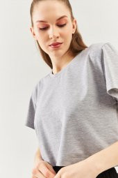 Gri Oversize Rahat %100 Pamuklu Penye Bisiklet Yaka Kısa Kol Basic Crop T-Shirt - 7
