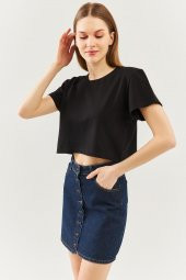 Siyah Oversize Rahat %100 Pamuklu Penye Bisiklet Yaka Kısa Kol Basic Crop T-Shirt - 3