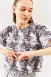 Batik Gri Oversize Rahat %100 Pamuklu Penye Bisiklet Yaka Kısa Kol Basic Crop T-shirt - 7