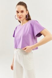 Lila Oversize Rahat %100 Pamuklu Penye Bisiklet Yaka Kısa Kol Basic Crop T-Shirt - 3