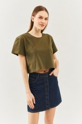 Haki Oversize Rahat %100 Pamuklu Penye Bisiklet Yaka Kısa Kol Basic Crop T-Shirt - 6