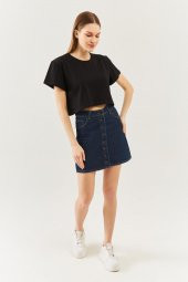 Siyah Oversize Rahat %100 Pamuklu Penye Bisiklet Yaka Kısa Kol Basic Crop T-Shirt - 4