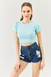 Aqua Kısa Kol Bisiklet Yaka Vücuda oturan %100 Pamuklu Kaşkorse Esnek Crop Bluz - 1