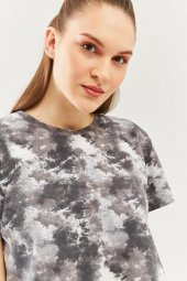 Batik Gri Oversize Rahat %100 Pamuklu Penye Bisiklet Yaka Kısa Kol Basic Crop T-shirt - 8