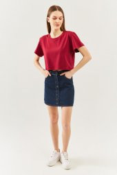 Bordo Oversize Rahat %100 Pamuklu Penye Bisiklet Yaka Kısa Kol Basic Crop T-Shirt - 7