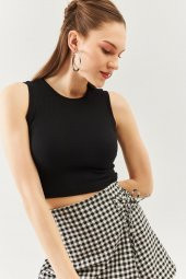 Siyah Sıfır Kol Bisiklet Yaka Vucuda oturan %100 Pamuklu Kaşkorse Esnek Crop Bluz - 1