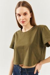 Haki Oversize Rahat %100 Pamuklu Penye Bisiklet Yaka Kısa Kol Basic Crop T-Shirt - 7