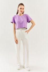 Lila Oversize Rahat %100 Pamuklu Penye Bisiklet Yaka Kısa Kol Basic Crop T-Shirt - 4