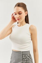 Beyaz Sıfır Kol Bisiklet Yaka Vücuda oturan %100 Pamuklu Kaşkorse Esnek Crop Bluz - 1