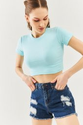 Aqua Kısa Kol Bisiklet Yaka Vücuda oturan %100 Pamuklu Kaşkorse Esnek Crop Bluz - 2