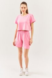 Pembe Oversize Rahat %100 Pamuklu Penye Bisiklet Yaka Kısa Kol Basic Crop T-Shirt - 6