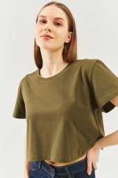 Haki Oversize Rahat %100 Pamuklu Penye Bisiklet Yaka Kısa Kol Basic Crop T-Shirt - 8