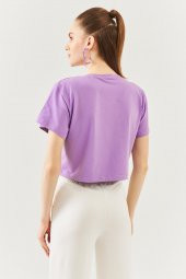 Lila Oversize Rahat %100 Pamuklu Penye Bisiklet Yaka Kısa Kol Basic Crop T-Shirt - 5