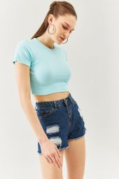 Aqua Kısa Kol Bisiklet Yaka Vücuda oturan %100 Pamuklu Kaşkorse Esnek Crop Bluz - 3
