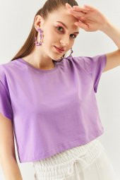 Lila Oversize Rahat %100 Pamuklu Penye Bisiklet Yaka Kısa Kol Basic Crop T-Shirt - 6