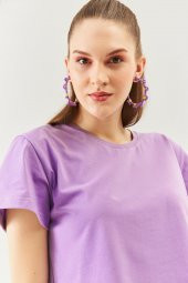 Lila Oversize Rahat %100 Pamuklu Penye Bisiklet Yaka Kısa Kol Basic Crop T-Shirt - 7
