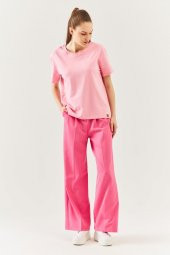 Pembe Oversize Rahat %100 Pamuklu Penye Bisiklet Yaka Kısa Kol Basic T-Shirt - 6