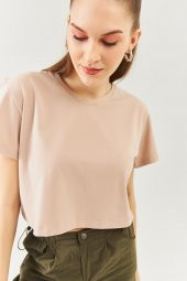 Açık Kahve Oversize Rahat %100 Pamuklu Penye Bisiklet Yaka Kısa Kol Basic Crop T-Shirt - 6