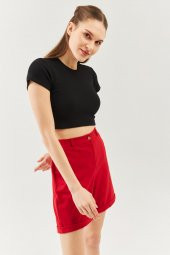 Siyah Kısa Kol Bisiklet Yaka Vücuda oturan %100 Pamuklu Kaşkorse Esnek Crop Bluz - 2