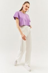Lila Oversize Rahat %100 Pamuklu Penye Bisiklet Yaka Kısa Kol Basic Crop T-Shirt - 8