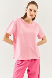 Pembe Oversize Rahat %100 Pamuklu Penye Bisiklet Yaka Kısa Kol Basic T-Shirt - 7