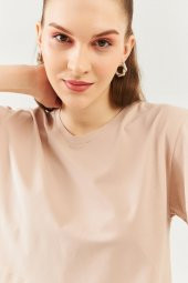 Açık Kahve Oversize Rahat %100 Pamuklu Penye Bisiklet Yaka Kısa Kol Basic Crop T-Shirt - 7