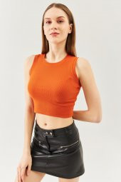 Kiremit Sıfır Kol Bisiklet Yaka Vucuda oturan %100 Pamuklu Kaşkorse Esnek Crop Bluz - 1